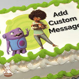 Girl with curly hair holding a cat next to a purple alien, vibrant green swirl background on a printed sheet cake.