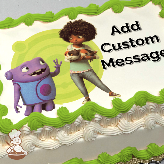 Girl with curly hair holding a cat next to a purple alien, vibrant green swirl background on a printed sheet cake.