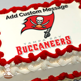 Illustration of the Tampa Bay Buccaneers logo with a red pirate flag, skull, crossed swords, and a football, on a sheet cake.