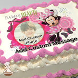 Minnie Mouse with pink bow among flowers on a vibrant background, printed on a sheet cake.