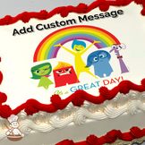 Joy, Sadness, and Anger from Inside Out celebrate with a rainbow and text "It's a GREAT DAY!" on a cake.