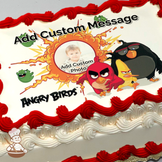 Illustration of Angry Birds characters Red and Bomb with green pigs, with an explosion motif, printed on a sheet cake.