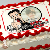 Betty Boop sitting, with a placeholder for a photo and text, on a white background, printed on a sheet cake.