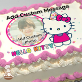 Hello Kitty in party hat with a colorful confetti background, printed on a sheet cake.