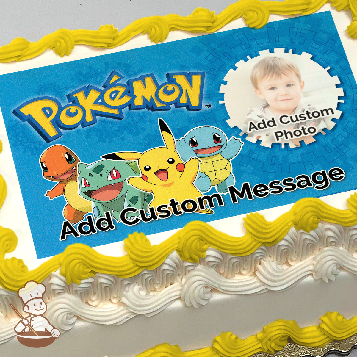 Illustration of Pokémon characters Pikachu, Charmander, and Squirtle with a placeholder for a photo, printed on a sheet cake.