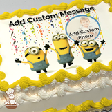 Three Minions celebrating with confetti, two waving, one excited, on a festive background, printed on a sheet cake.