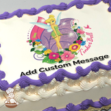 Tinker Bell stands among vibrant flowers with fairy wings aglow, purple backdrop on a printed sheet cake.