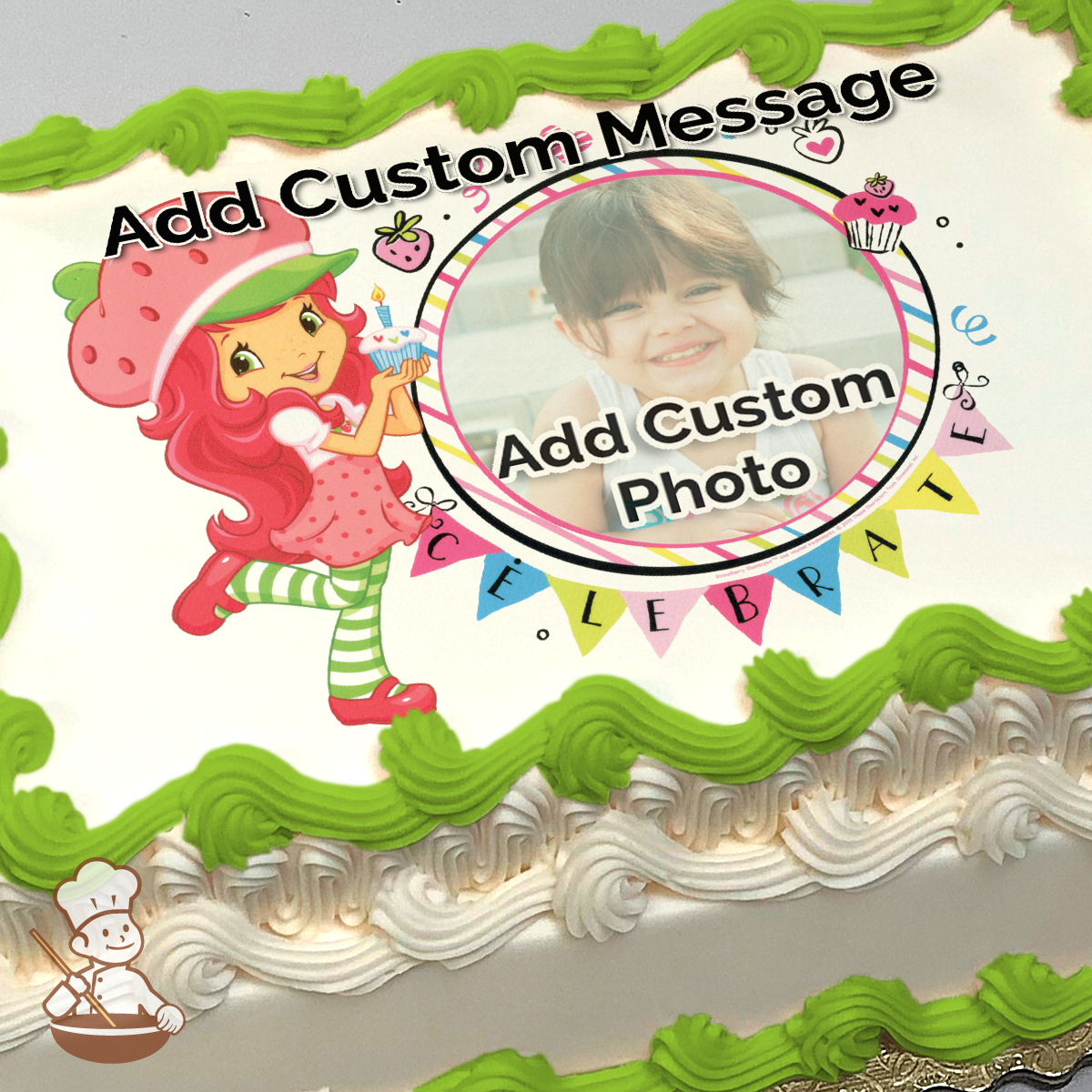 Illustration of Strawberry Shortcake holding a cupcake next to a circular frame for a custom photo, printed on a sheet cake.