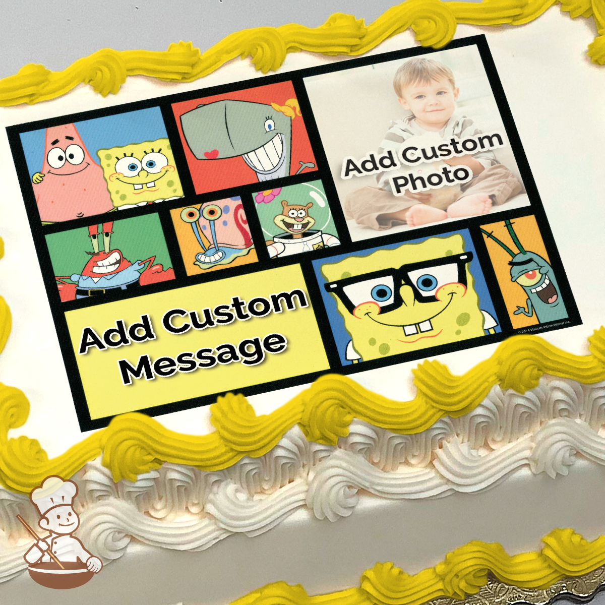 Illustration of SpongeBob, Patrick, and other characters from the show, with a placeholder for a custom photo, printed on a sheet cake.