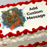 Ant-Man in action pose with dynamic blue and red splash background, printed on a sheet cake.