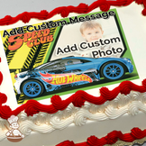 Blue Hot Wheels car on a vibrant yellow and green tire track background, printed on a sheet cake.