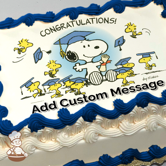 Illustration of Snoopy in graduation cap with diploma, surrounded by Woodstock and birds wearing caps, printed on a sheet cake.