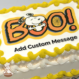 Illustration of Snoopy lying on top of the word "BOO!" in bold, colorful letters with a spider web detail, printed on a sheet cake.