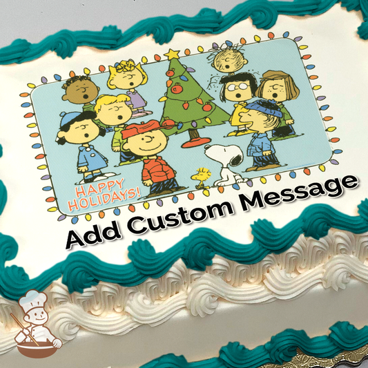 Illustration of Peanuts characters gathered around a Christmas tree, with a "Happy Holidays!" greeting, printed on a sheet cake.