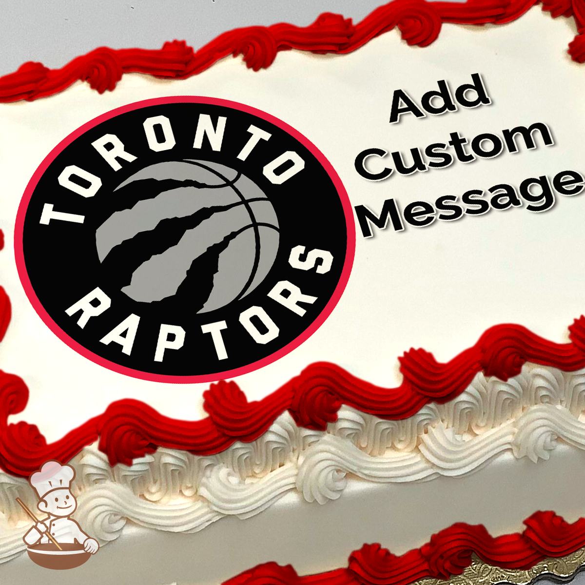 Toronto Raptors basketball team logo with a stylized basketball and claw marks, printed on a sheet cake.