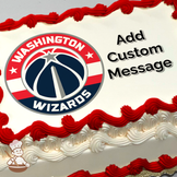 Washington Wizards basketball team logo with a basketball and stars, with space for a custom message, printed on a sheet cake.