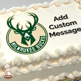 Illustration of the Milwaukee Bucks logo featuring a stylized green deer head within a cream circle, printed on a sheet cake.