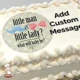 A blue mustache and pink bow on a polka dot background, with the text "little man or little lady?", printed on a sheet cake.