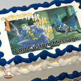 Batman in action pose with The Joker laughing, comic-style cityscape background, printed on a sheet cake.