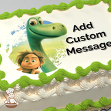 Illustration of Arlo and Spot from "The Good Dinosaur" with a whimsical prehistoric background, printed on a sheet cake.