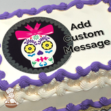 Colorful Dia de los Muertos sugar skull with pink bow on dark patterned background, printed on a sheet cake.