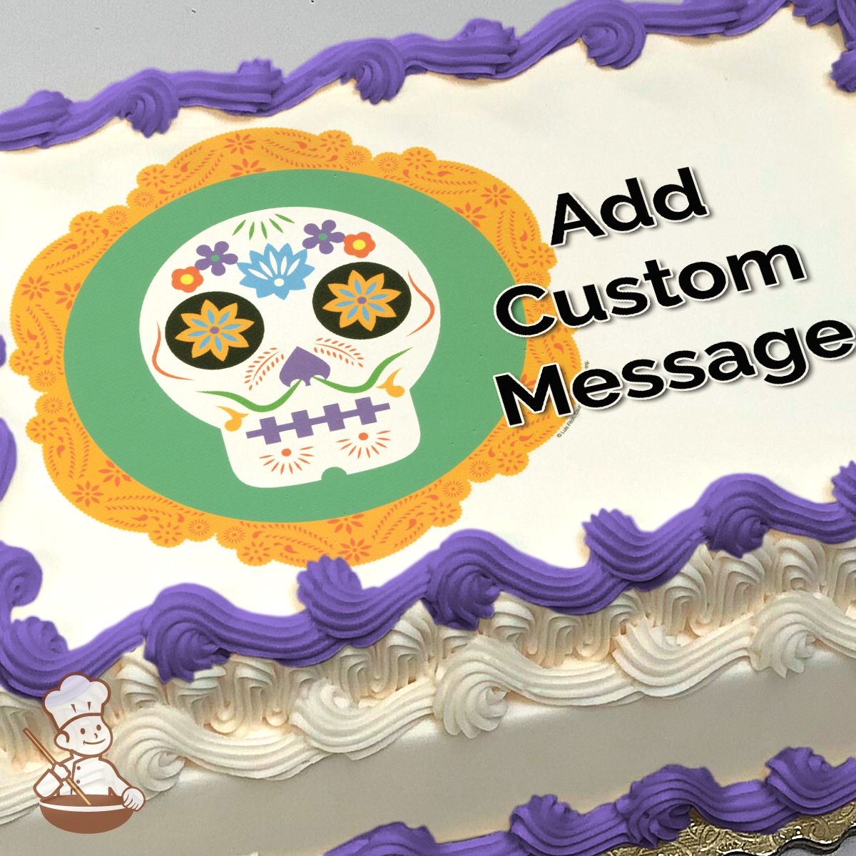 Colorful sugar skull with floral patterns, set against an orange lace-like border, printed on a sheet cake.