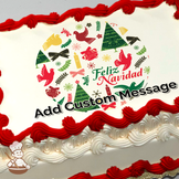 Holiday-themed illustration with birds, trees, and festive elements around the text "Feliz Navidad," on a sheet cake.