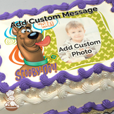 Illustration of Scooby-Doo with a swirling orange background, next to placeholders for a custom message and photo, printed on a sheet cake.