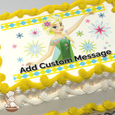 Elsa in green dress with flowers, colorful snowflakes, on a summer-themed background, printed on a sheet cake.