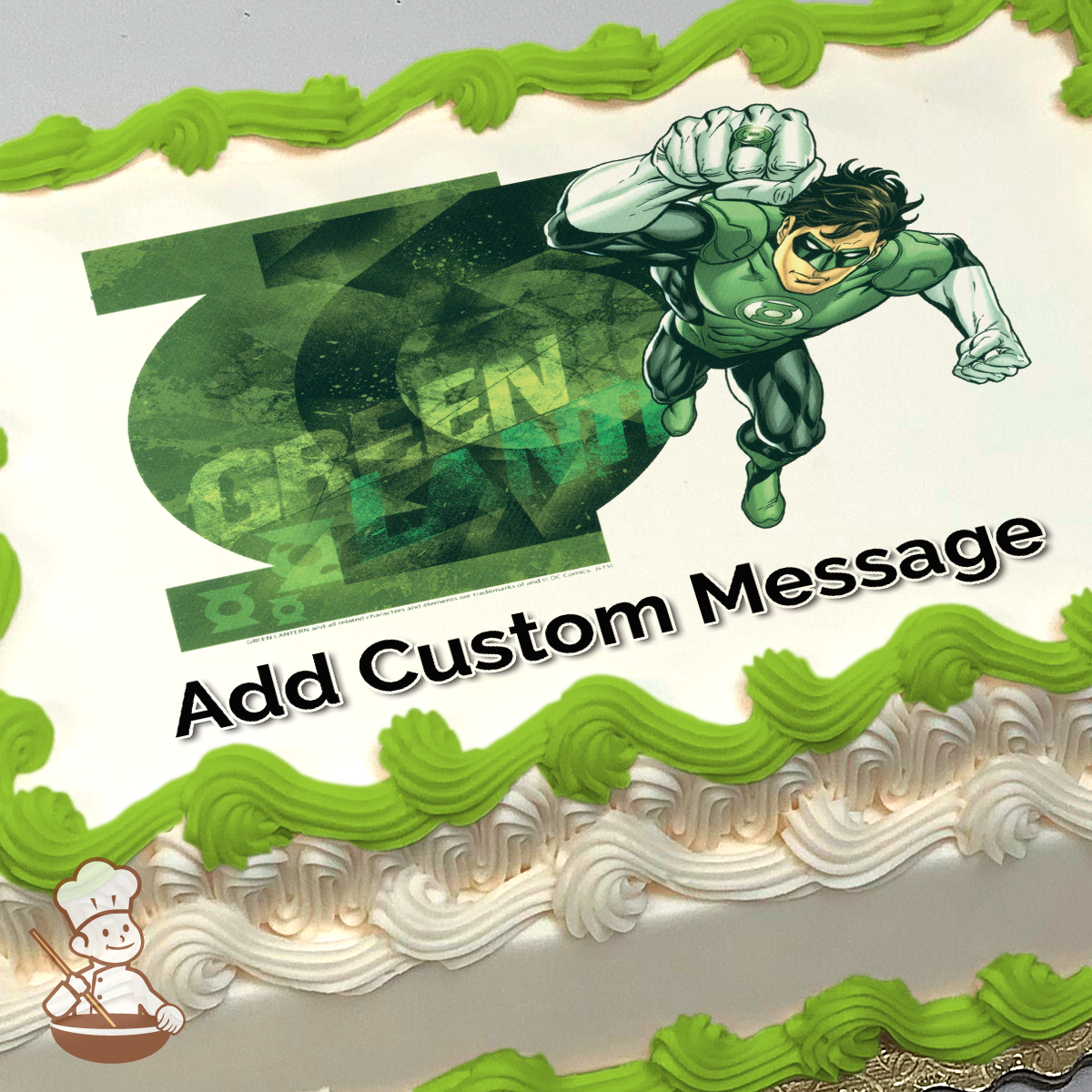 Green Lantern flying with power ring glow, large emblem background on a sheet cake print.