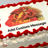 Dynamic image of The Flash crouching with lightning bolt background, printed on a sheet cake.