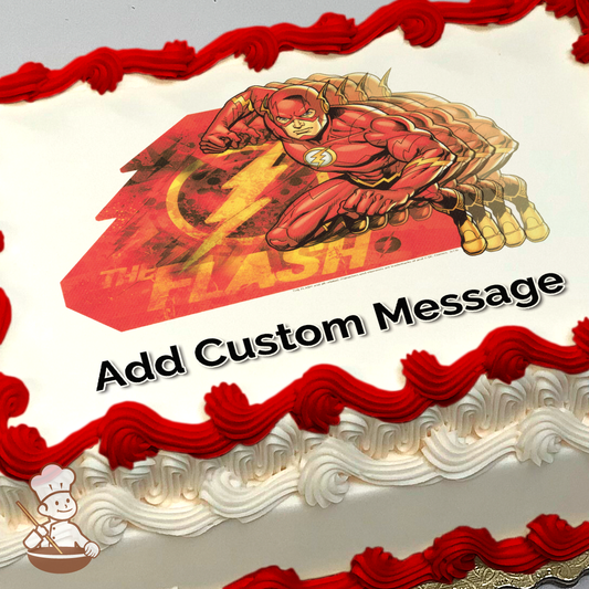 Dynamic image of The Flash crouching with lightning bolt background, printed on a sheet cake.