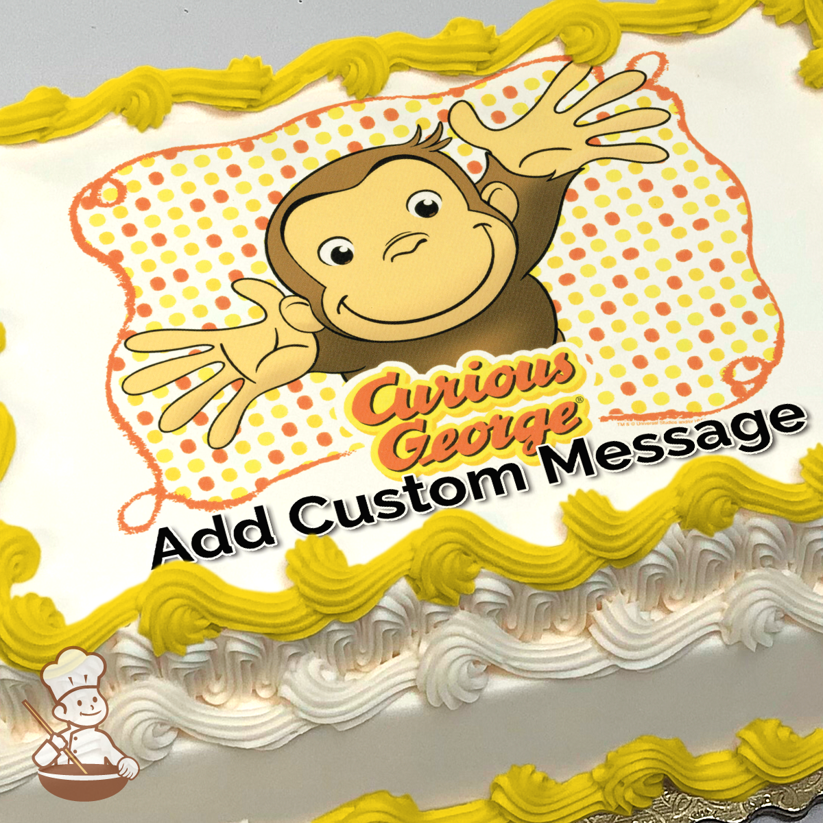 Curious George with arms outstretched on a polka dot background, printed on a sheet cake.