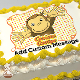 Curious George with arms outstretched on a polka dot background, printed on a sheet cake.