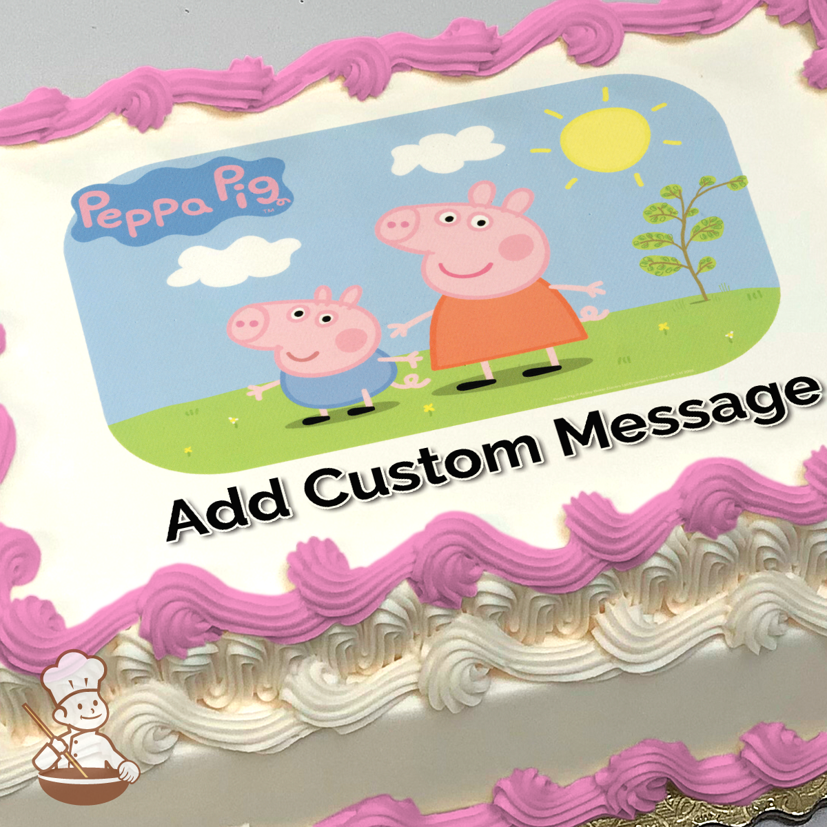 Illustration of Peppa Pig and George standing on grass under a sunny sky, with the show's logo above. Image printed on a sheet cake.