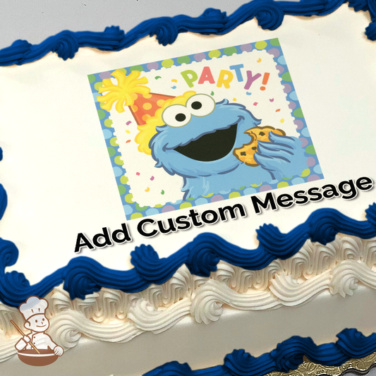 Illustration of Cookie Monster with a cookie on a colorful confetti background with the word "PARTY!" printed on a sheet cake.