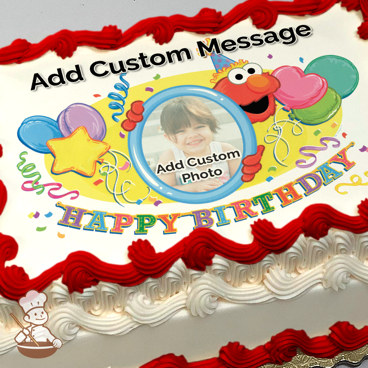 Elmo and colorful balloons with a "Happy Birthday" message, surrounding a placeholder for a custom photo, printed on a sheet cake.