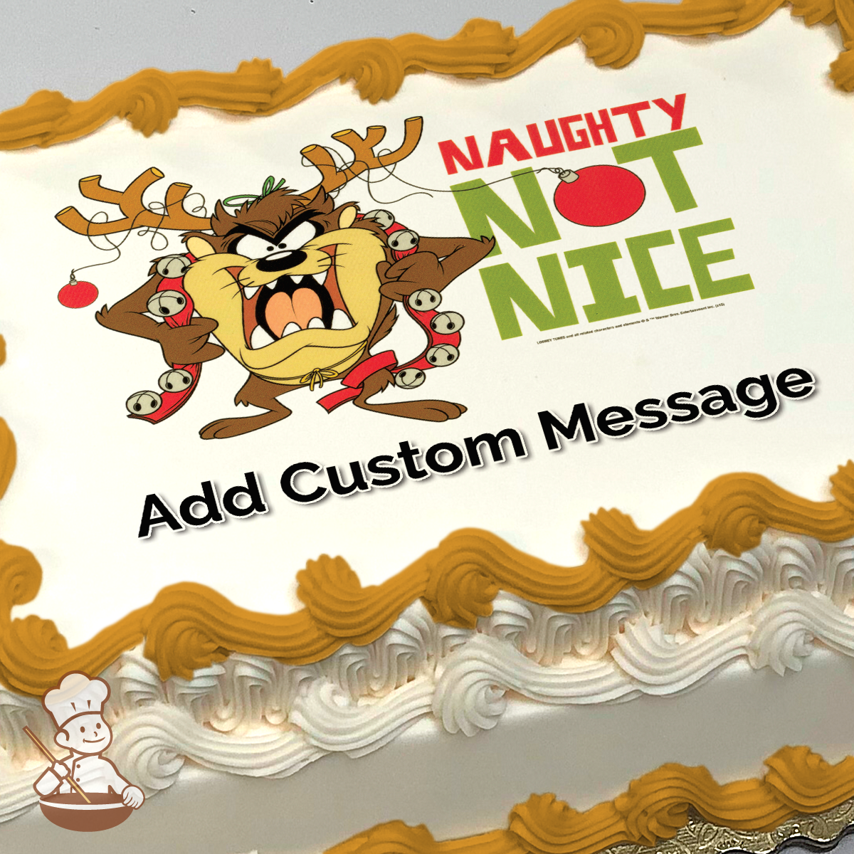 Tasmanian Devil in a festive mood with reindeer antlers, surrounded by friends, on a 'Naughty Not Nice' themed cake print.