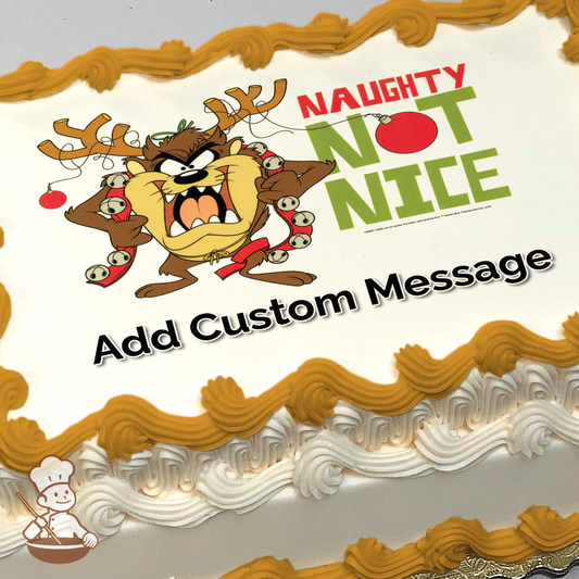 Tasmanian Devil in a festive mood with reindeer antlers, surrounded by friends, on a 'Naughty Not Nice' themed cake print.