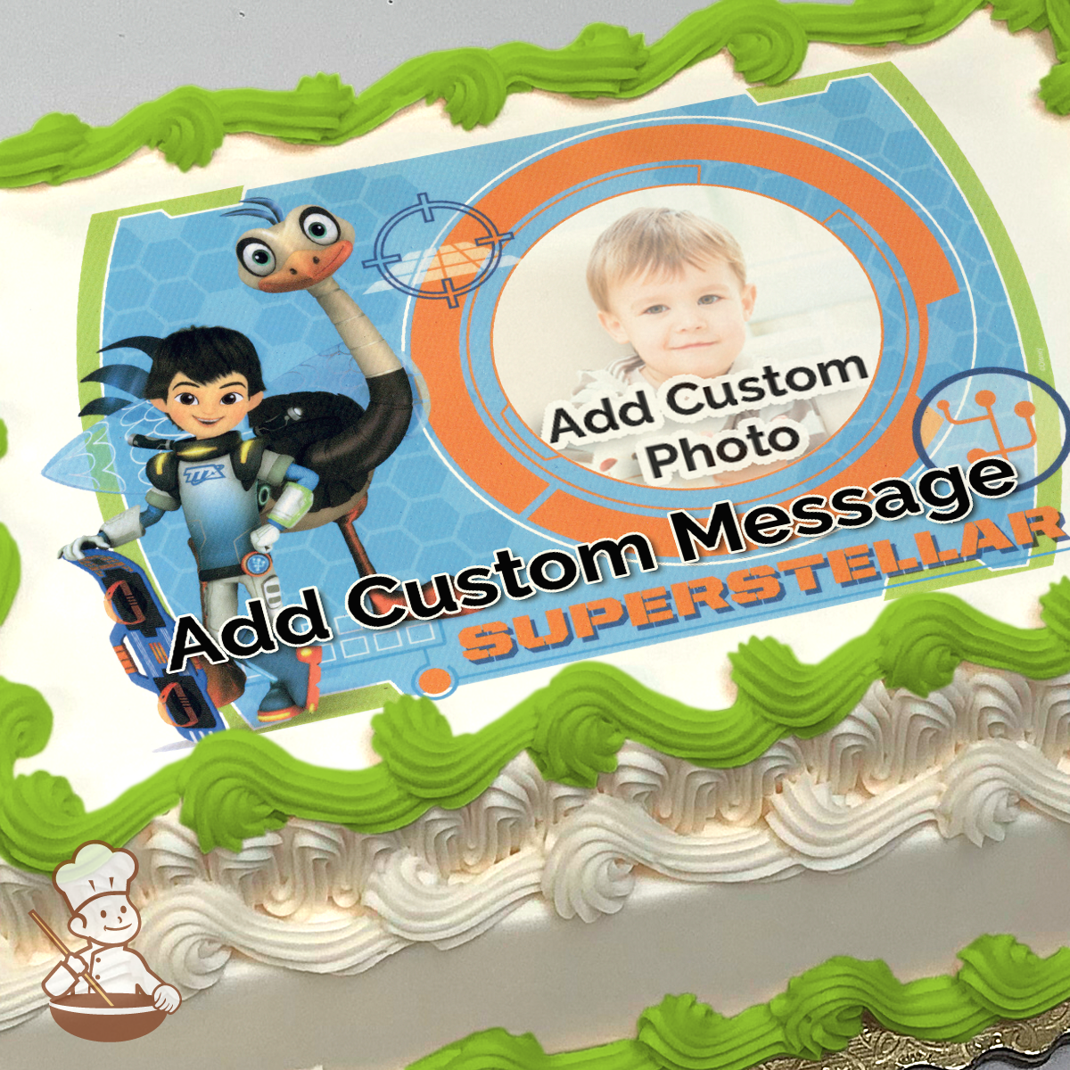 Miles and Merc from Miles From Tomorrowland in space gear with a futuristic backdrop, printed on a sheet cake.