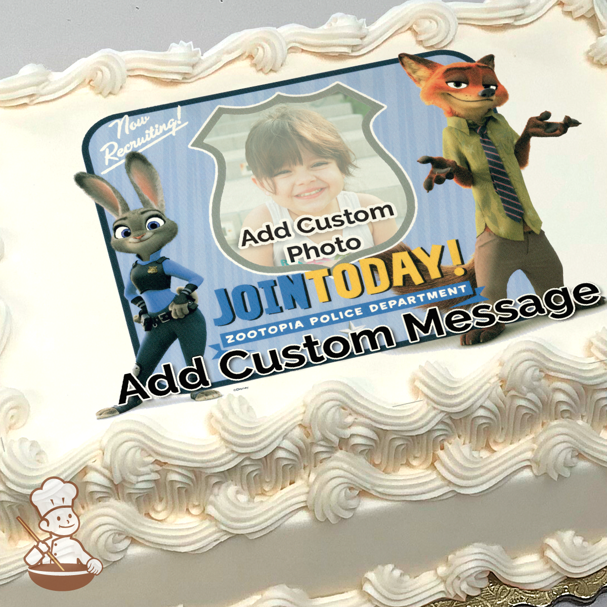 Illustration of Judy Hopps and Nick Wilde from Zootopia, with a placeholder for a photo, printed on a sheet cake.