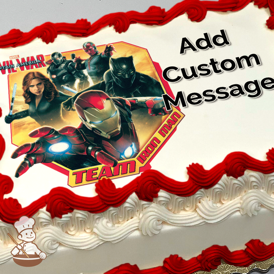 Iron Man in armor with glowing hands, Black Widow, and Black Panther ready for action, with superhero friends, on a cake print.