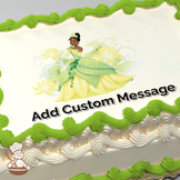 Illustration of Princess Tiana in a yellow dress with floral accents, printed on a sheet cake.