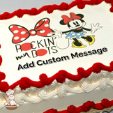 Minnie Mouse in a polka dot dress with a bow, text "Rockin' my Dots," plain background, image printed on a sheet cake.