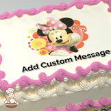 Minnie Mouse with pink polka dot bow among colorful flowers on a cake print.