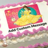 Belle in a yellow gown with Chip the teacup, on a pink and turquoise background, printed on a sheet cake.