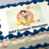 Snow White with animals and birds on a golden background, with "Snow White" text, printed on a sheet cake.