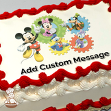 Mickey, Minnie, and Donald on colorful gears with Daisy and Goofy, white background, image printed on a sheet cake.