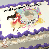 Elena of Avalor swinging on a rope on a floral background, with a placeholder for a custom photo, printed on a sheet cake.