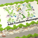 Illustration of Tinker Bell sitting amidst green and purple foliage on a sheet cake.